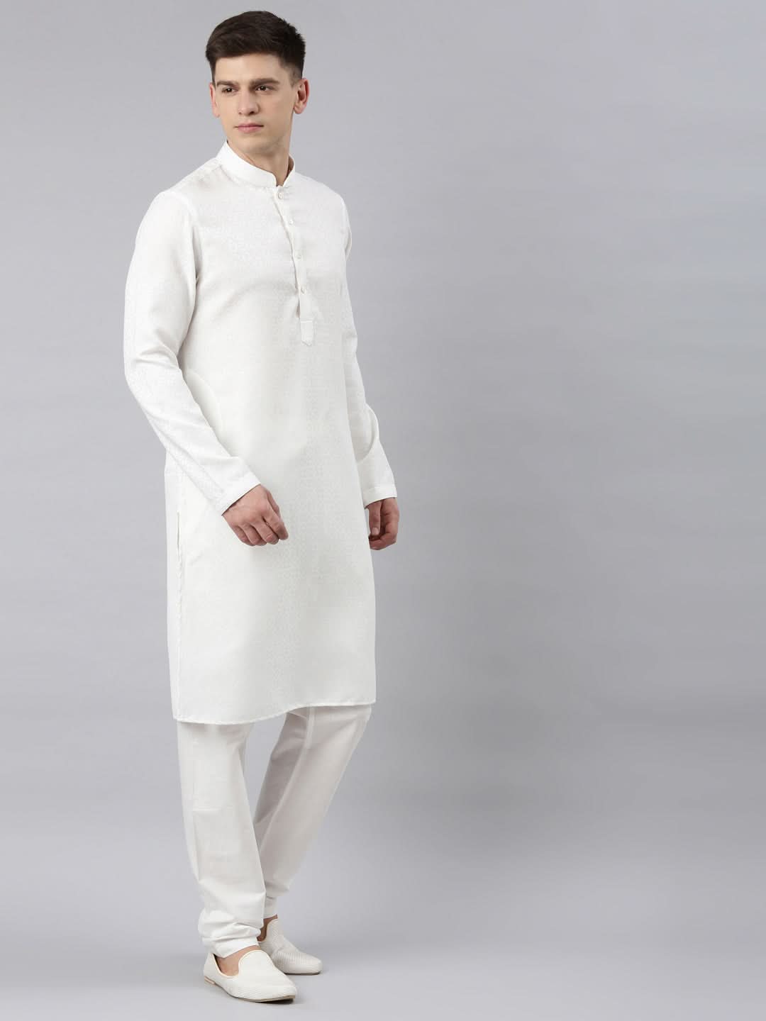 White Self Design Cotton Kurta Set