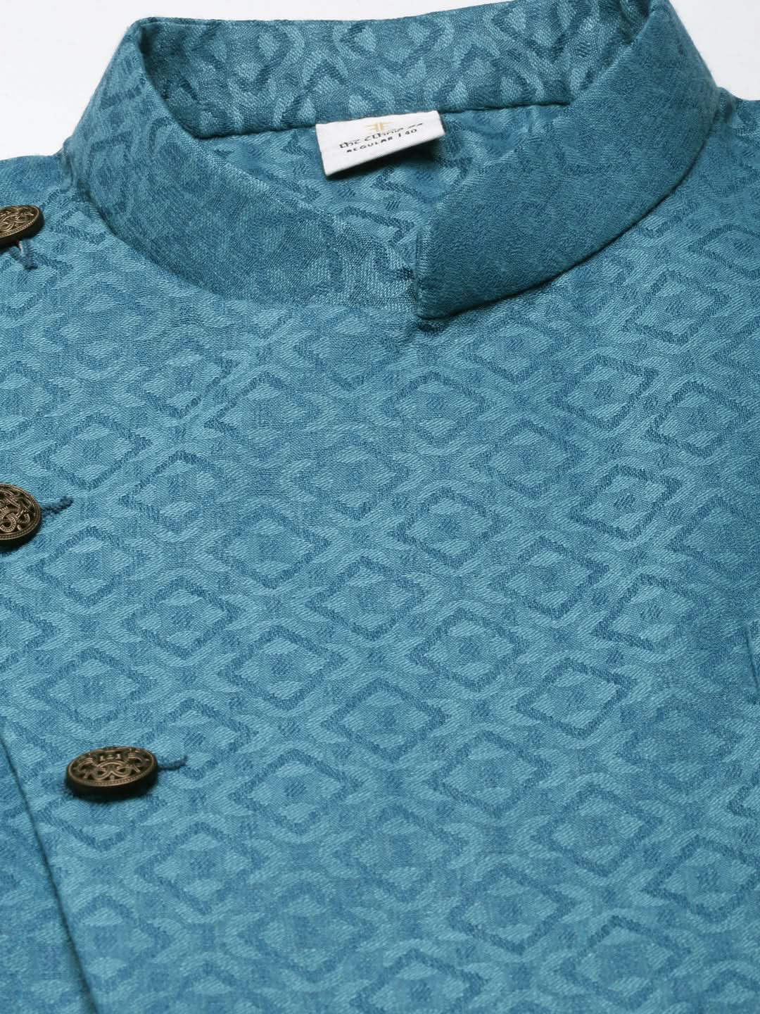 Teal Blue Cotton Jacket With White Kurta
