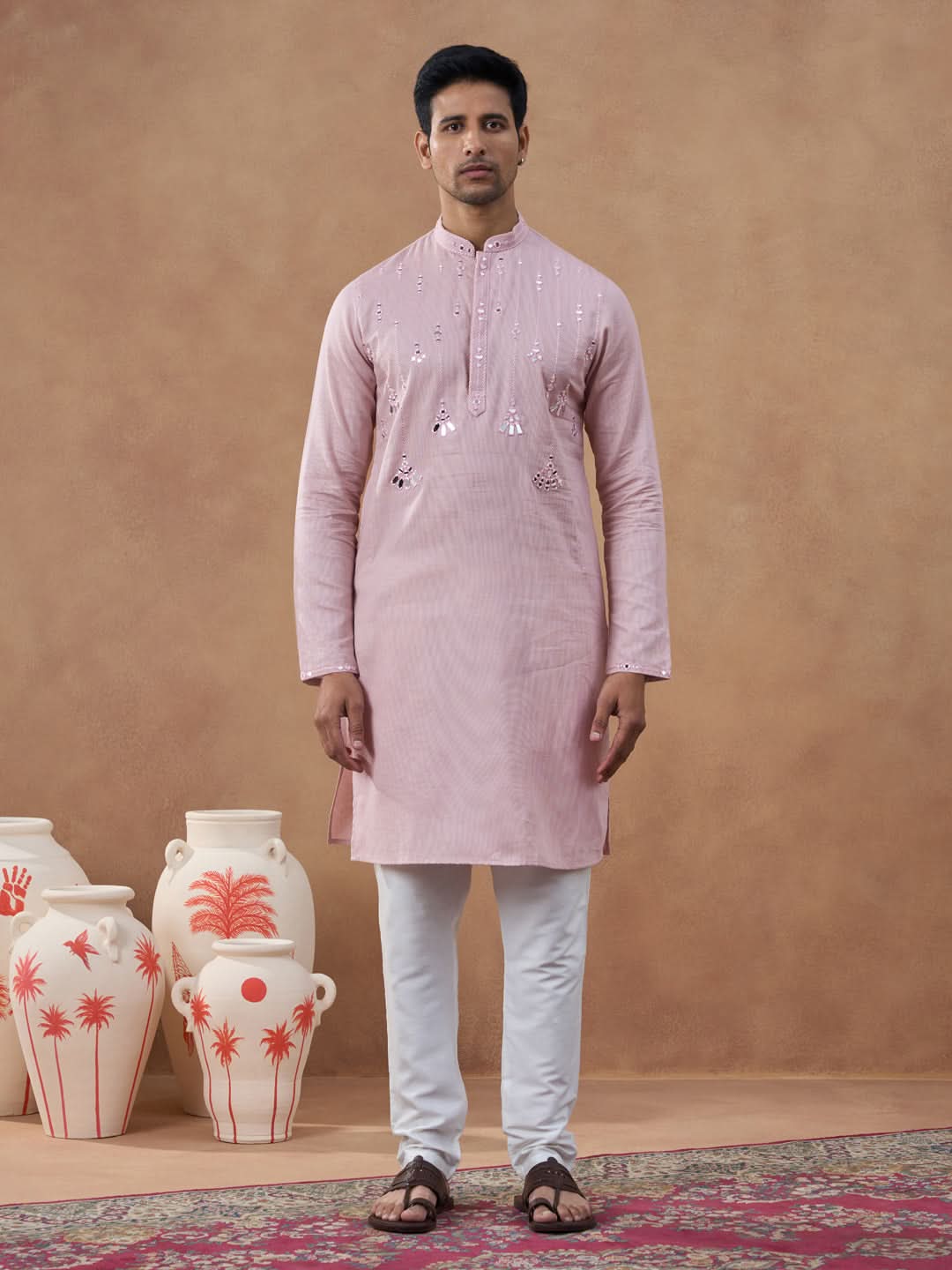 Peach Mirror Embroidered Kurta Set