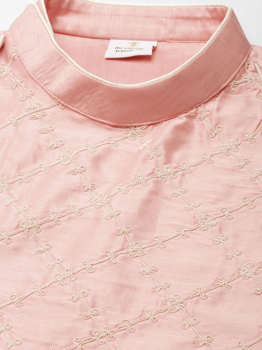 Peach Silk Embroidery Angrakha Kurta Set