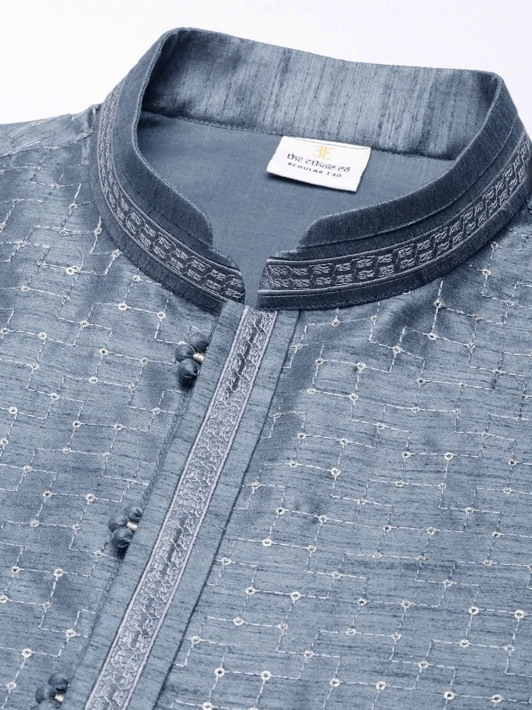 Grey Embroidered  Silk Kurta Set