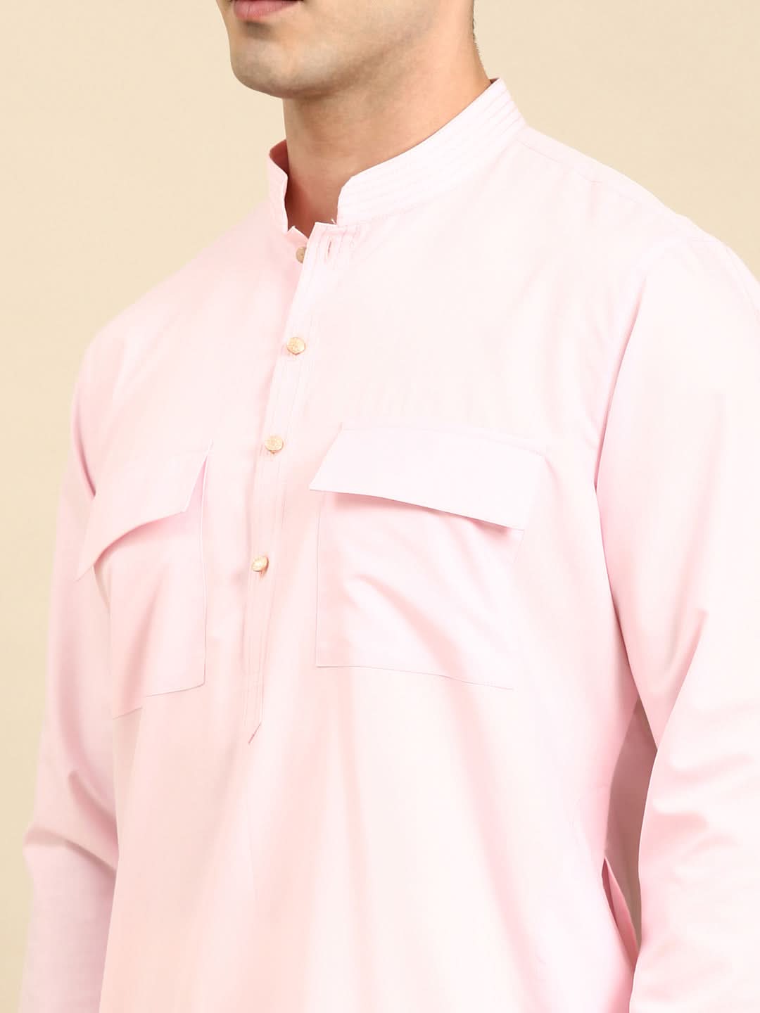 Light Pink Cotton Pathani Kurta Set with Patch pocket