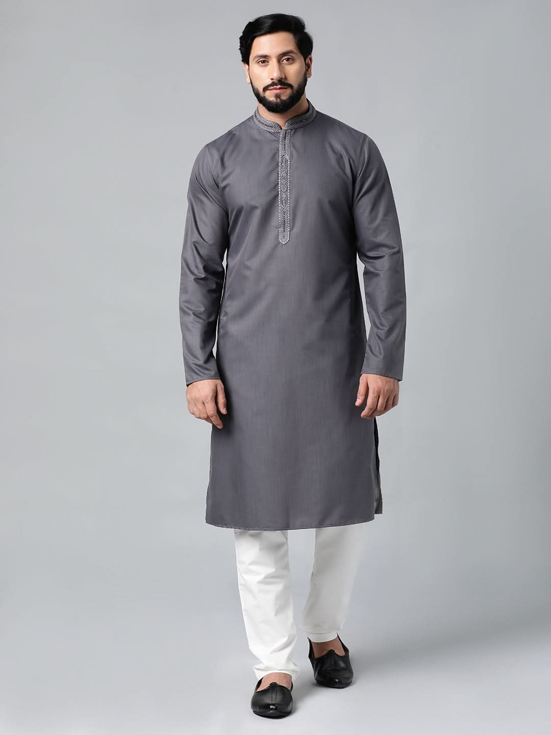 Grey Cotton Dori Embroidered Kurta Set