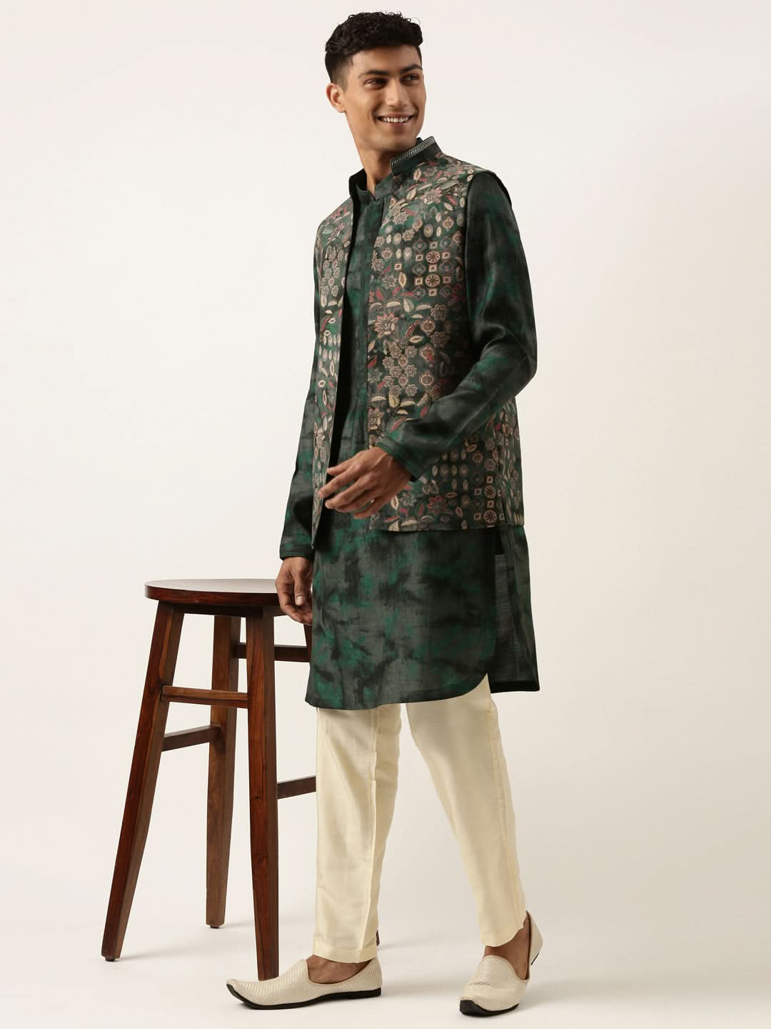 Green Printed Jacket Kurta Set