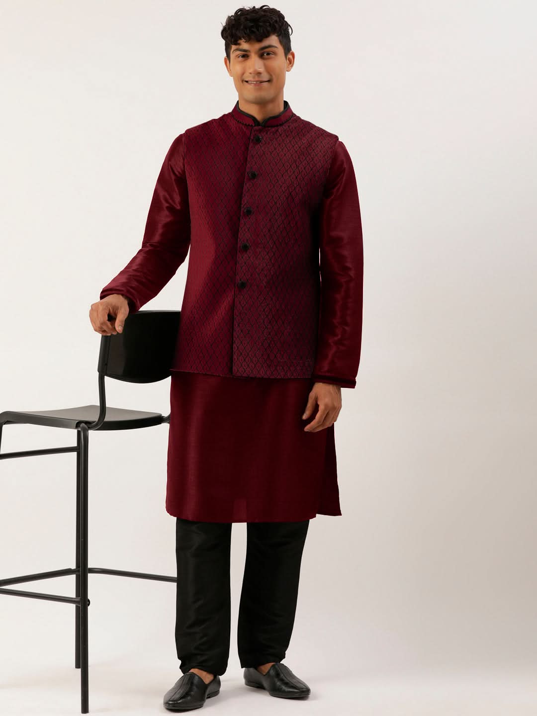 Maroon  Embroidered Jacket Kurta Set
