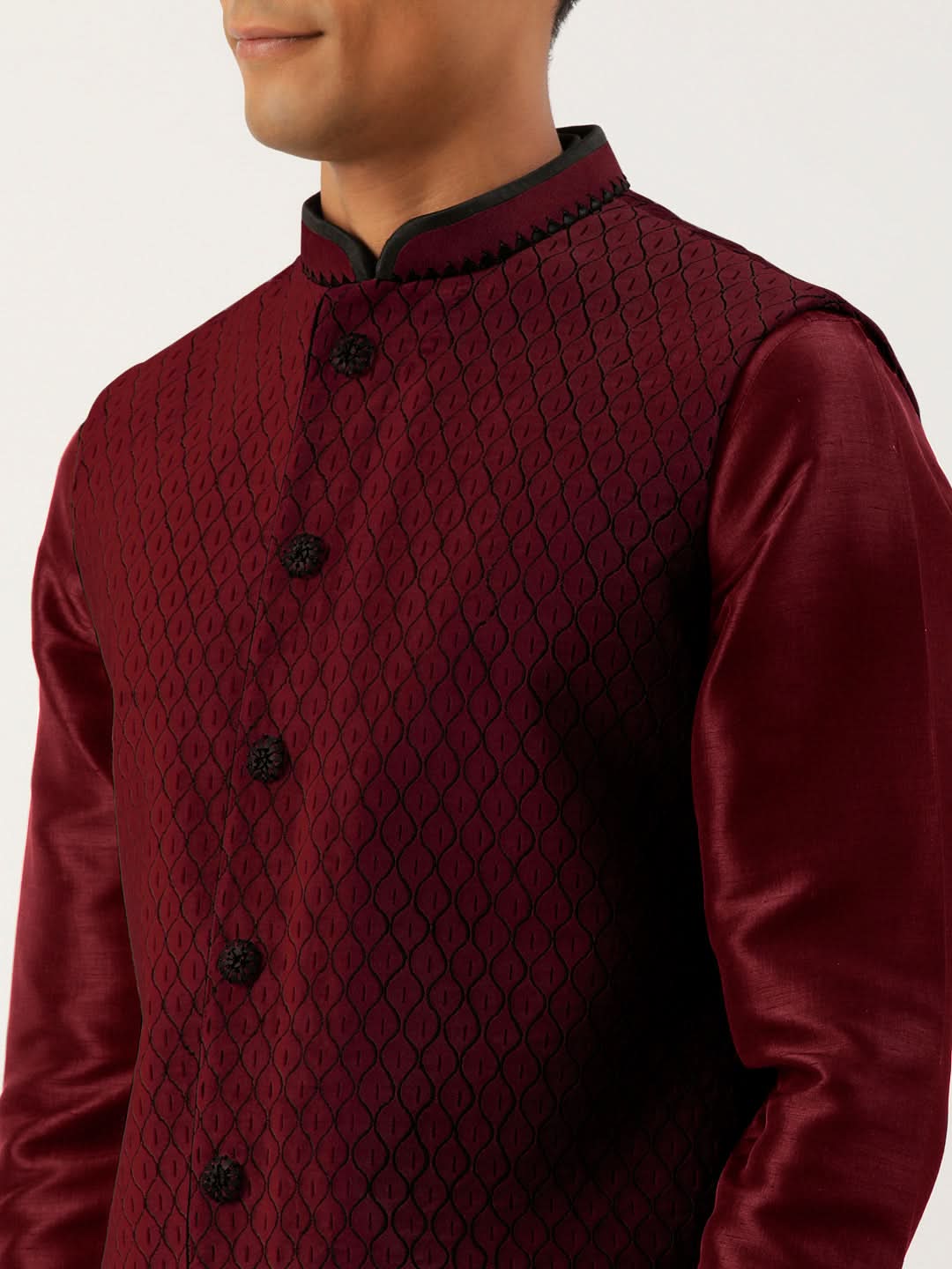 Maroon  Embroidered Jacket Kurta Set