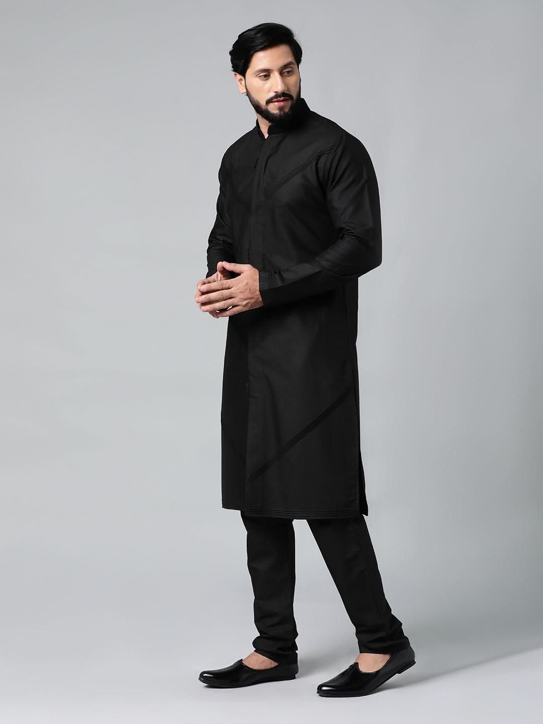 Black Pleated Cotton Kurta Set