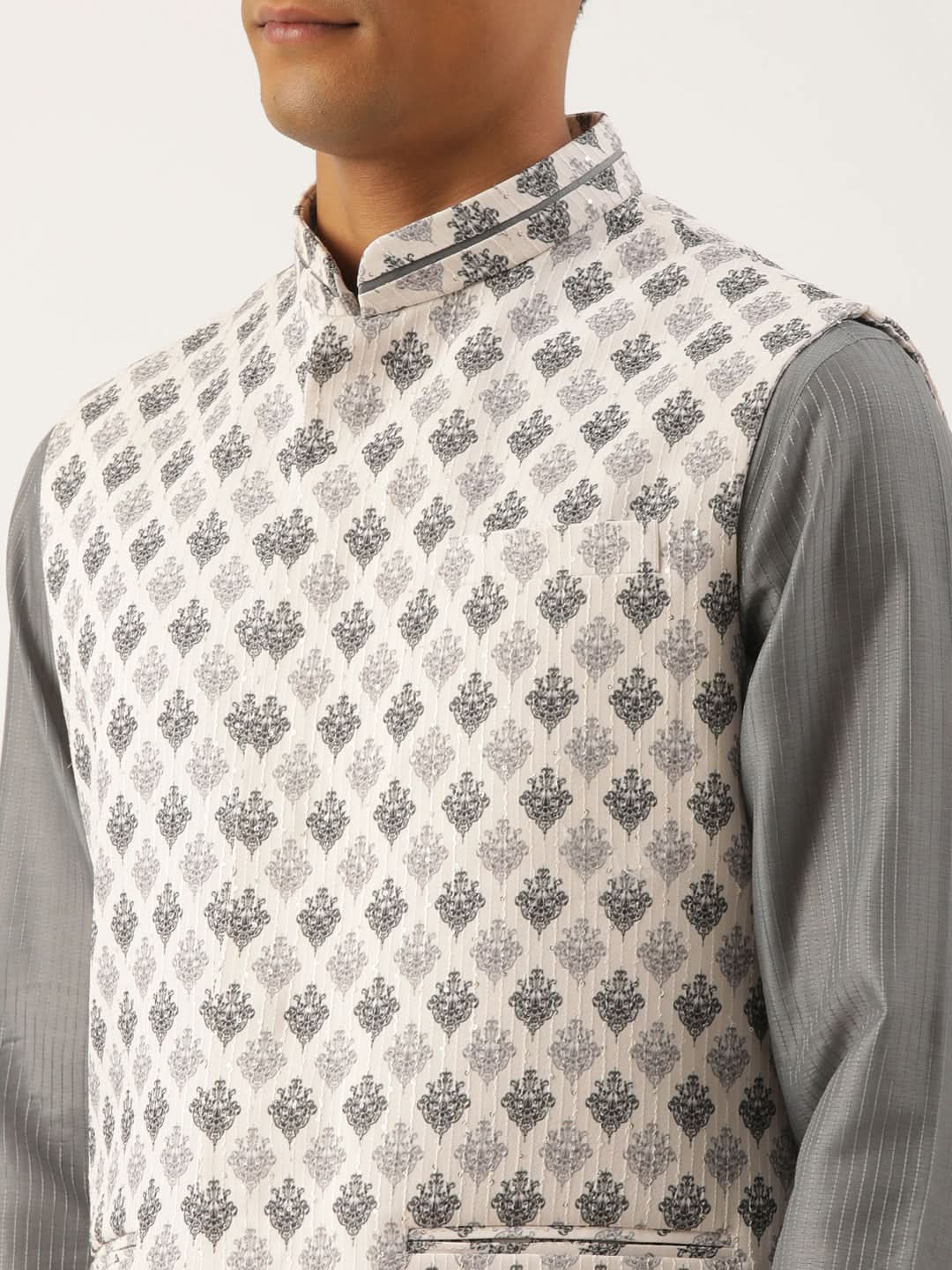 Grey Printed Jacket Kurta Set