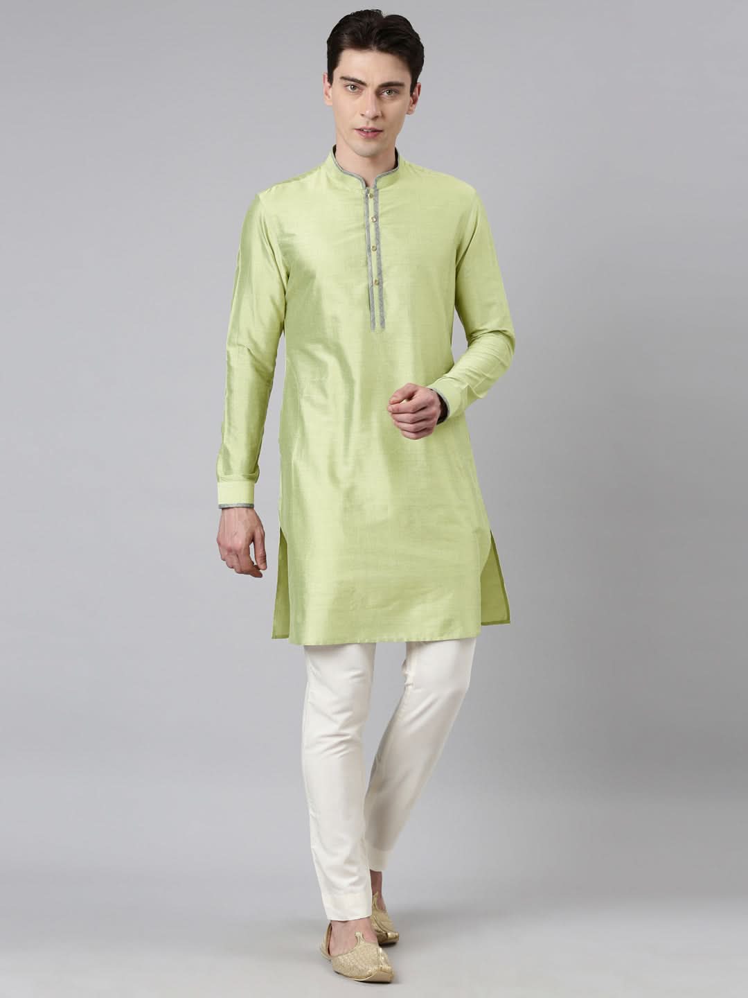 Lime Green Blue Jacquard Quilted Jacket With Short Kurta
