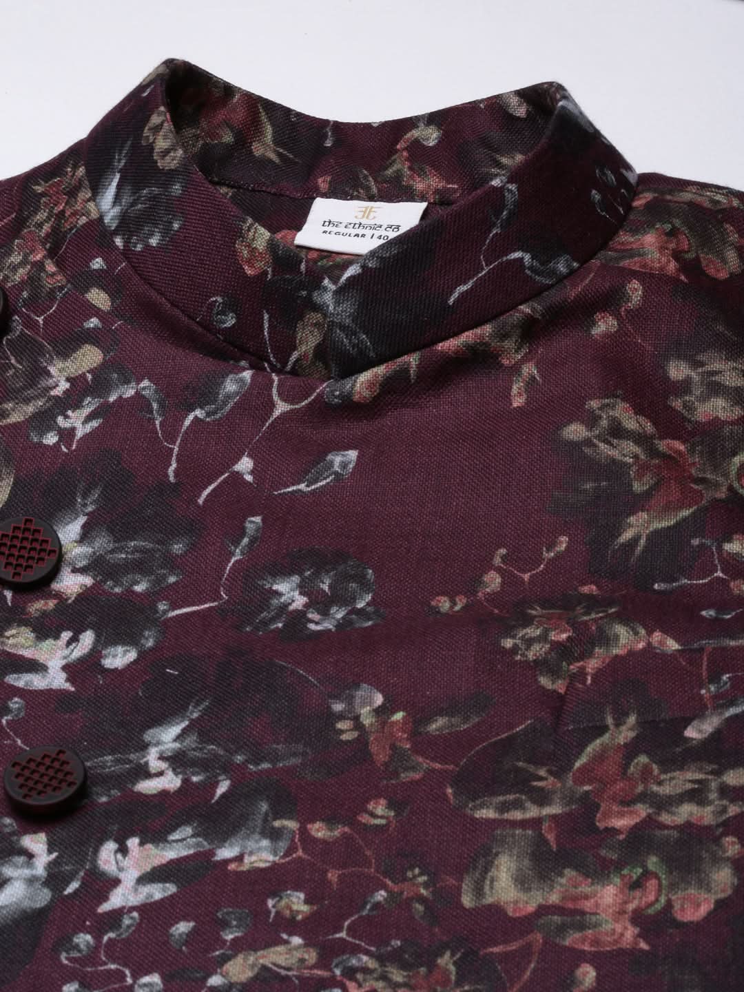 Wine Printed Cotton Jacket Kurta Set