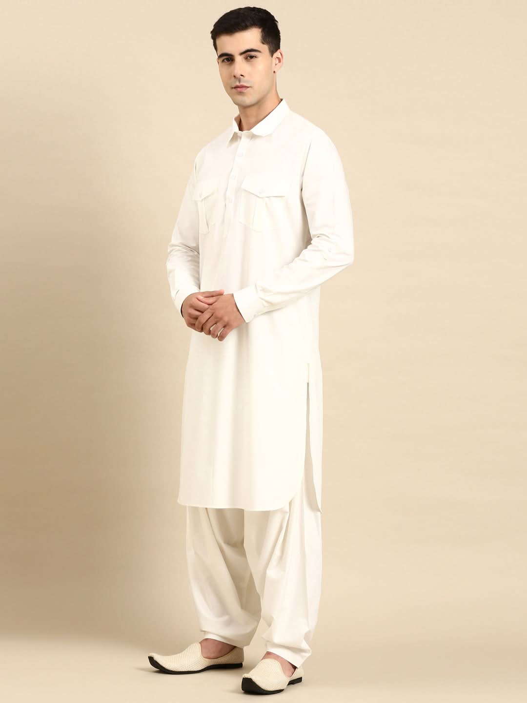 Off White Fine Cotton Pathani With Salwar