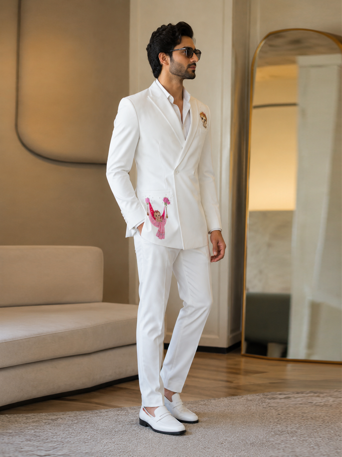 White Embroidered Double-Breasted Suit