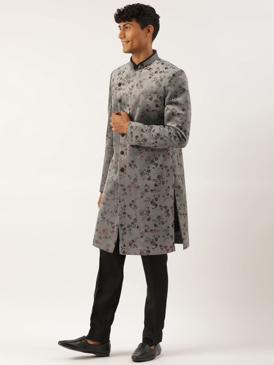 Grey Printed  Angrakha Indowestern