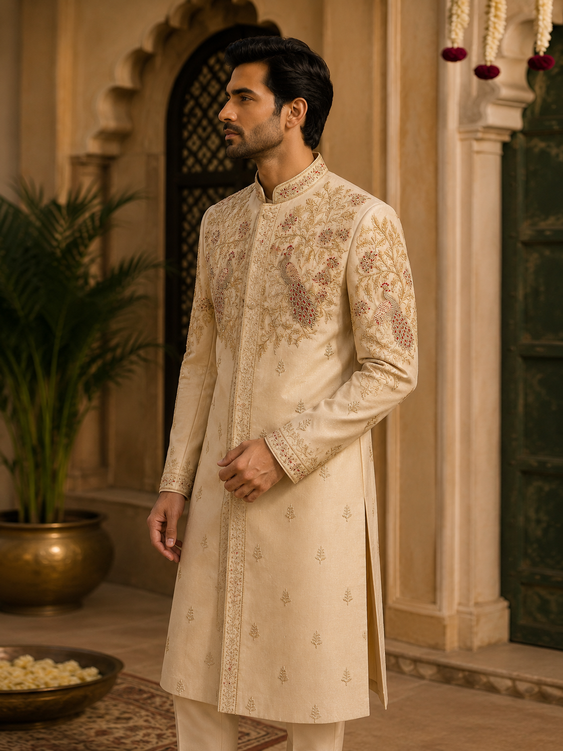 Beige Peacock Floral Embroidered Sherwani Set