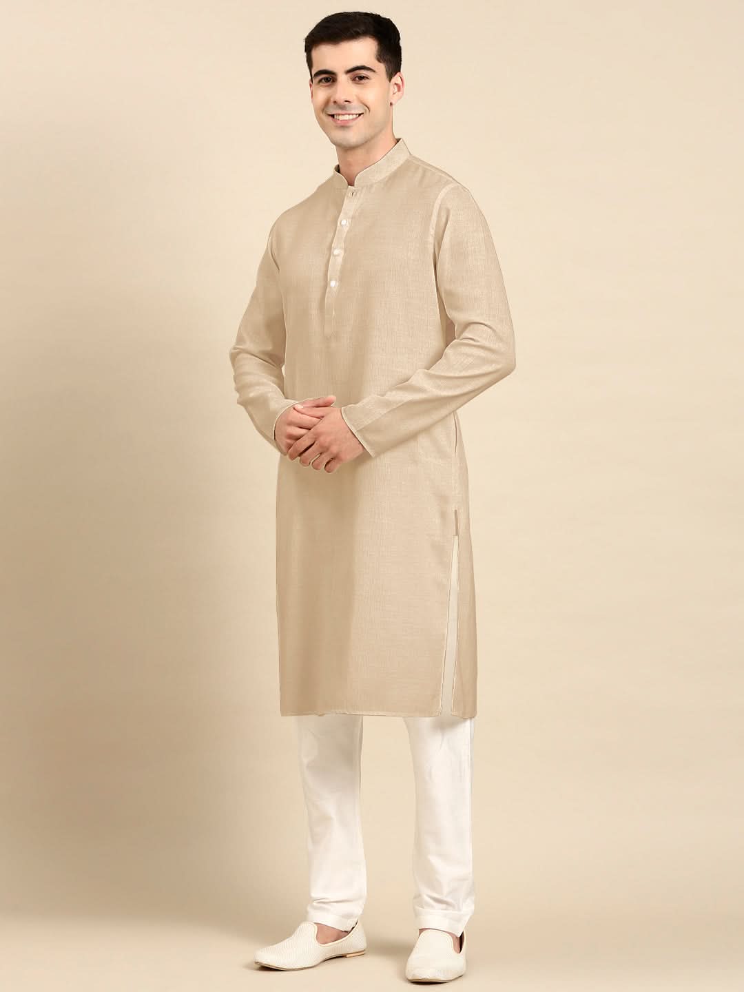Beige Twill Weave Cotton Kurta  Set