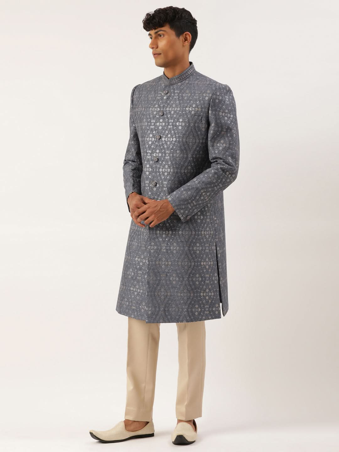 Grey silk Embroidered  Indowestern
