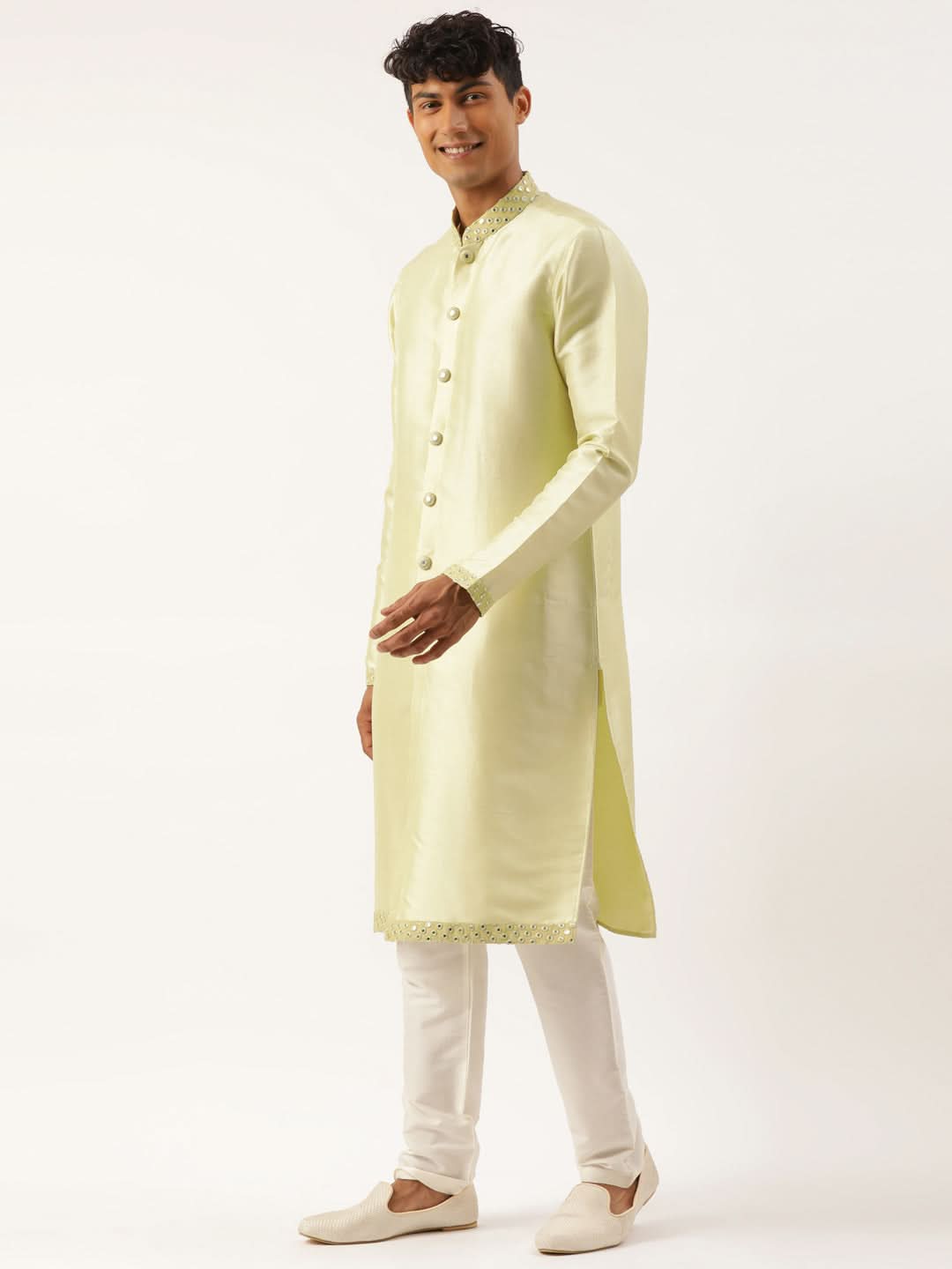 Pistachio  Mirror Embroidered  Indowestern With Kutra