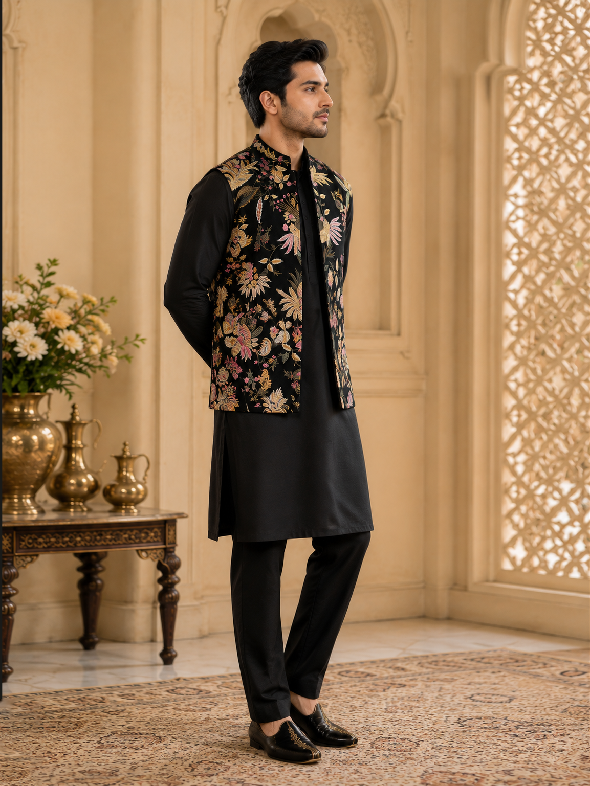 Black Floral Embroidered Jacket Set