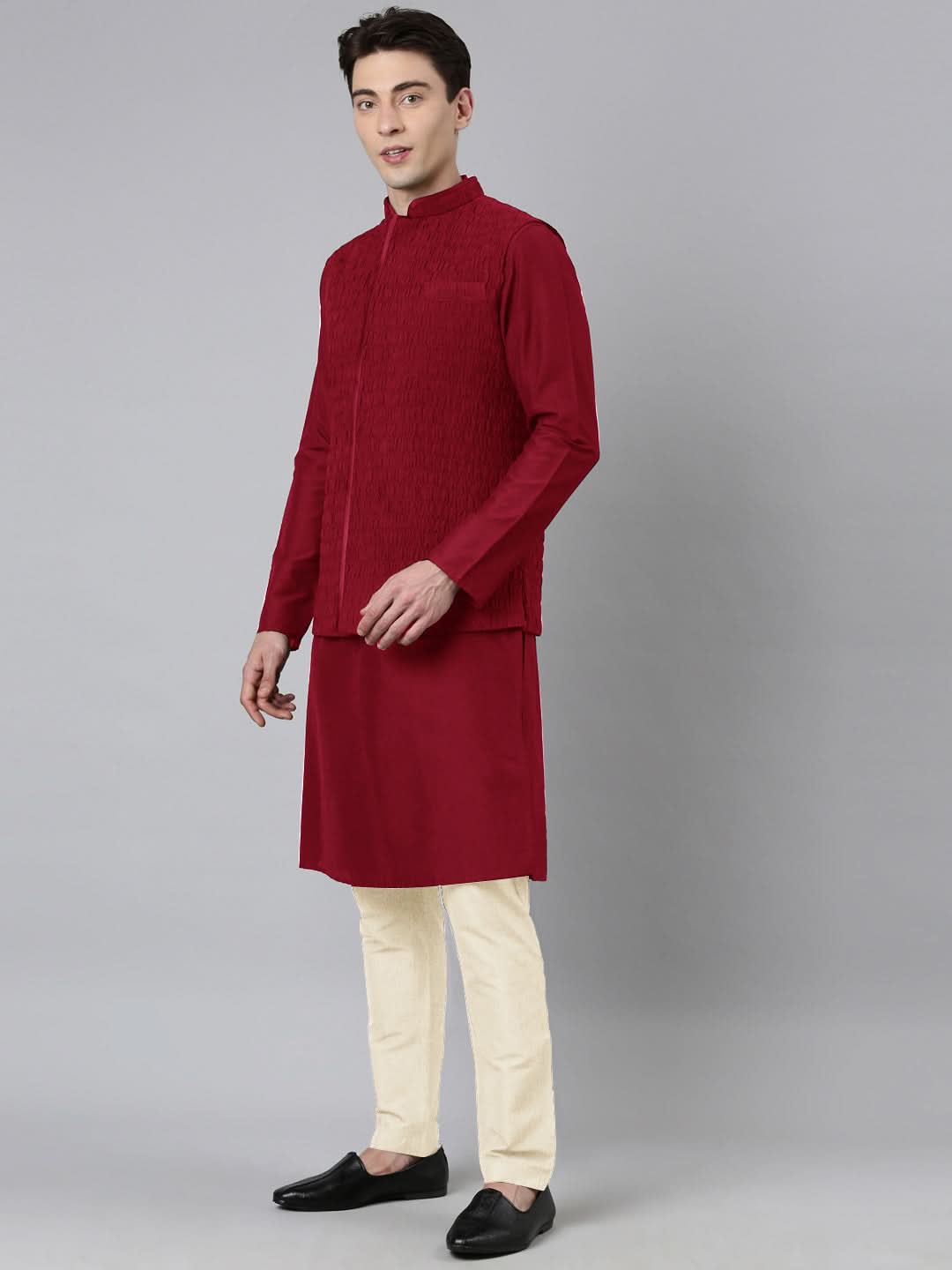 Maroon Ruching Jacket Kurta Set