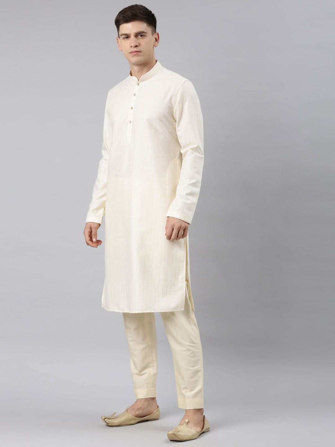 Yellow Linen Printed Jacket with Kurta Set