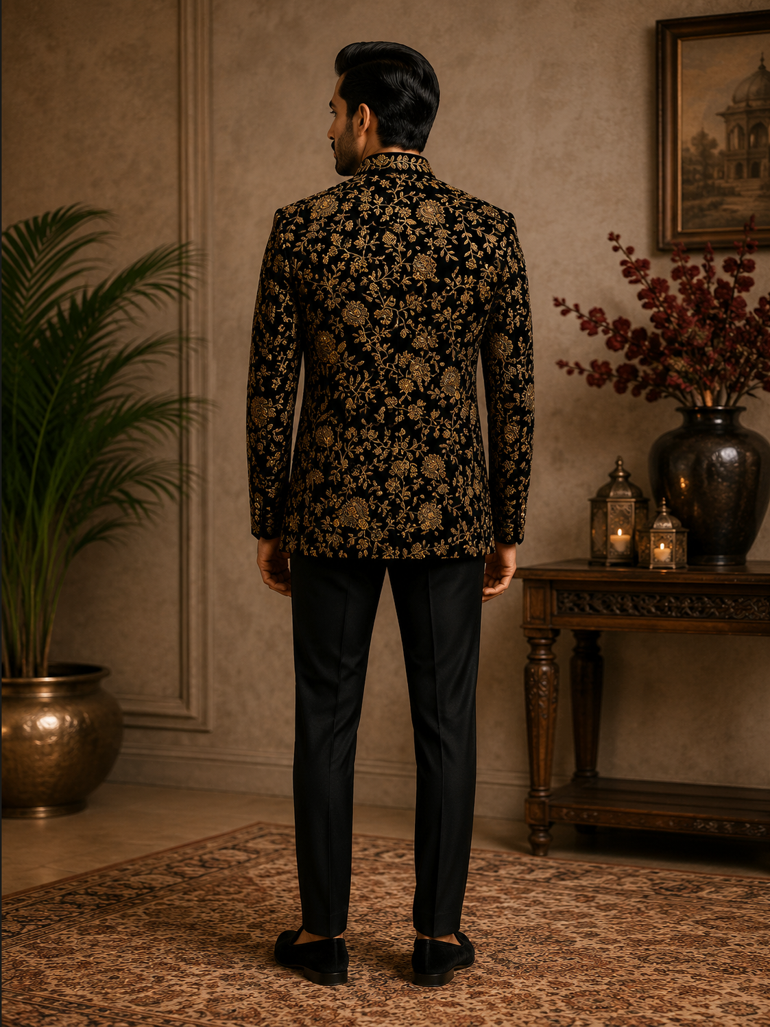 Navy BlueVelvet Gold Floral Embroidered Bandhgala