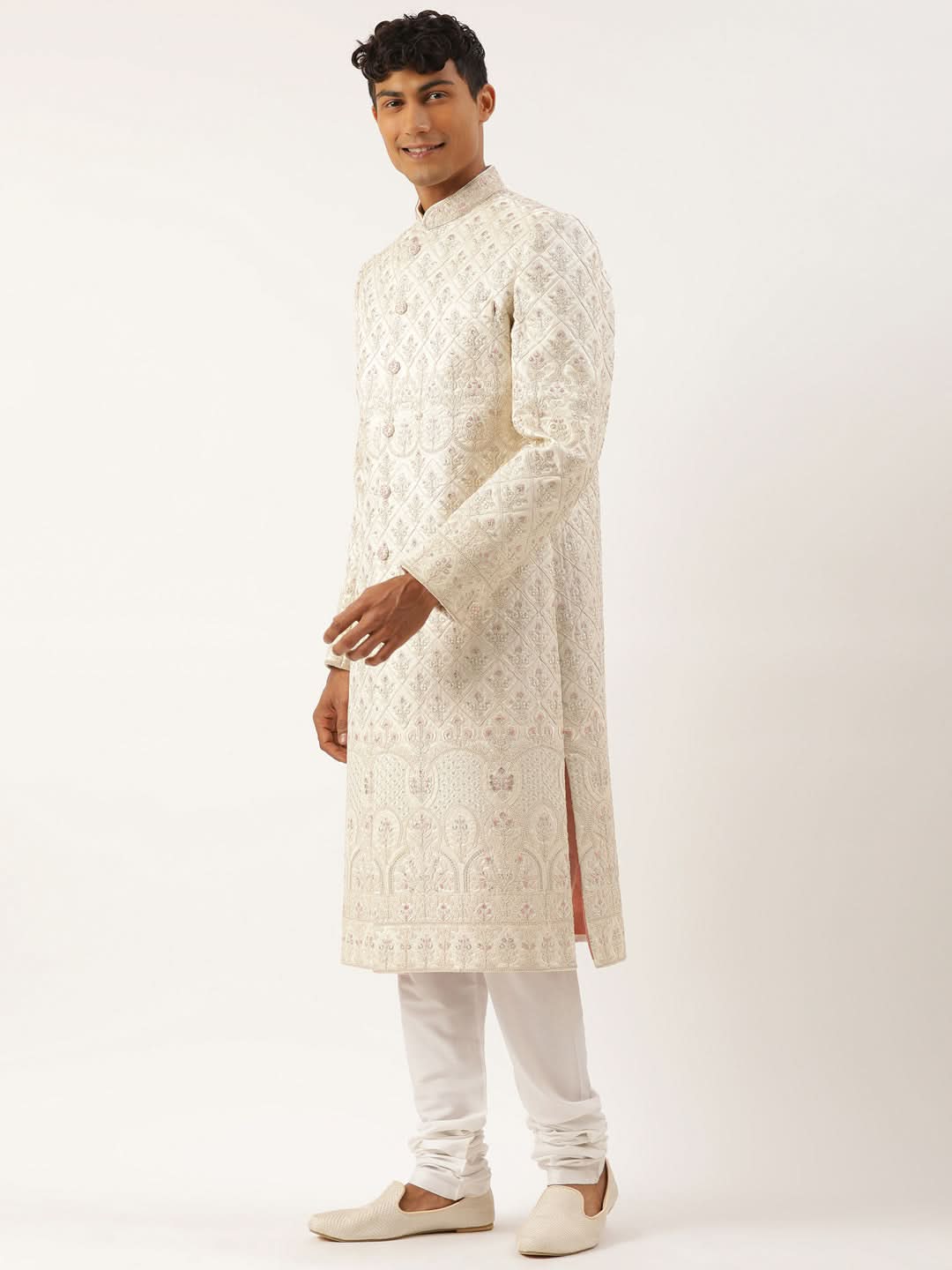 Cream Embroidered  Sherwani