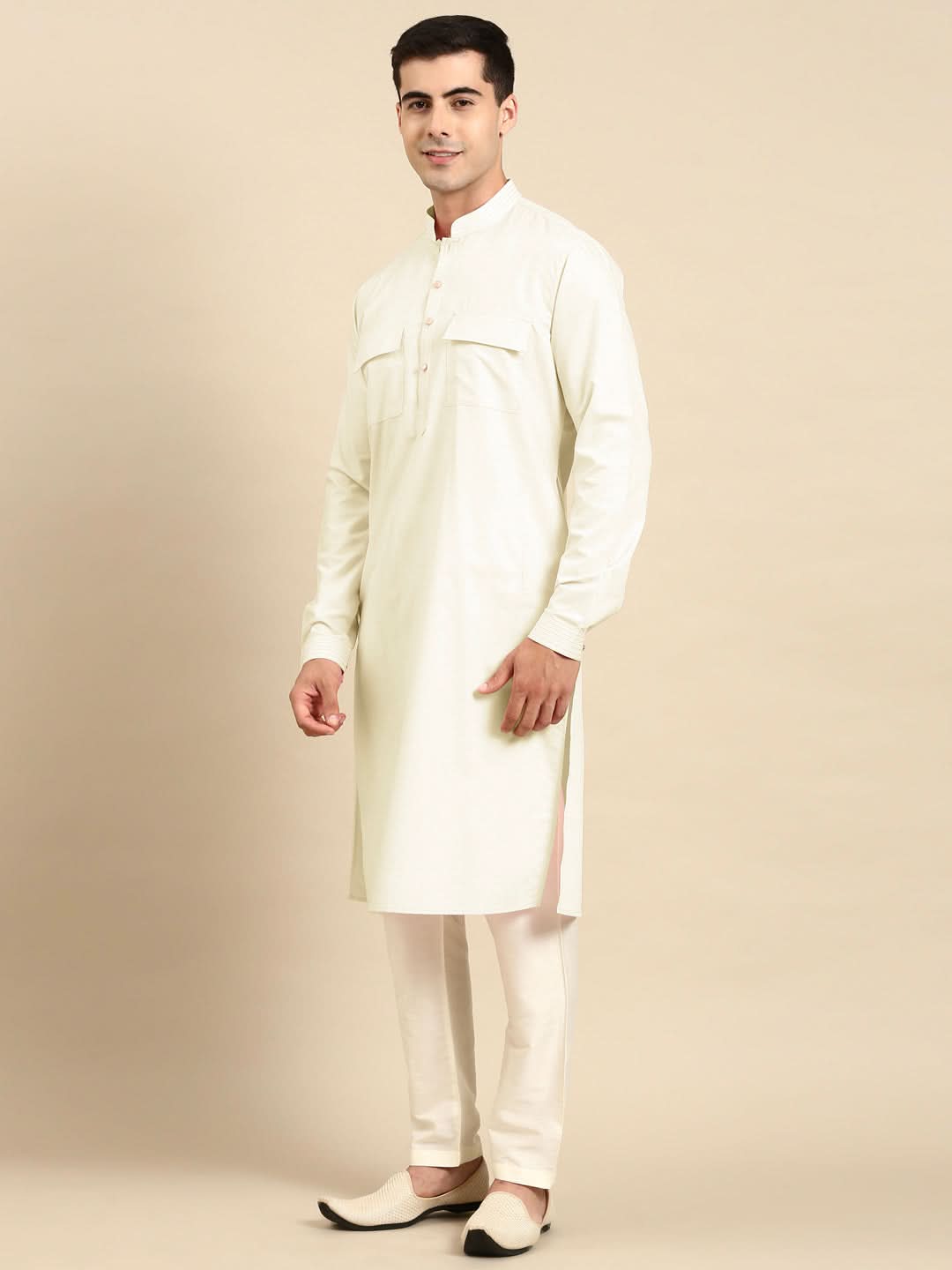 Cream Pure Cotton Pathani Kurta Set with Patch Pocket