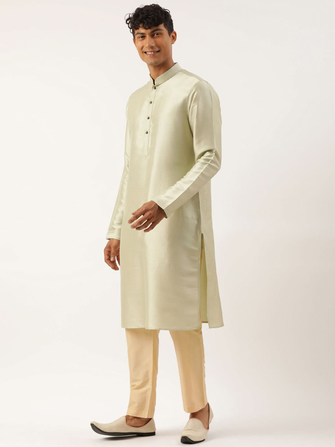 Beige Printed Cotton Jacket Kurta Set