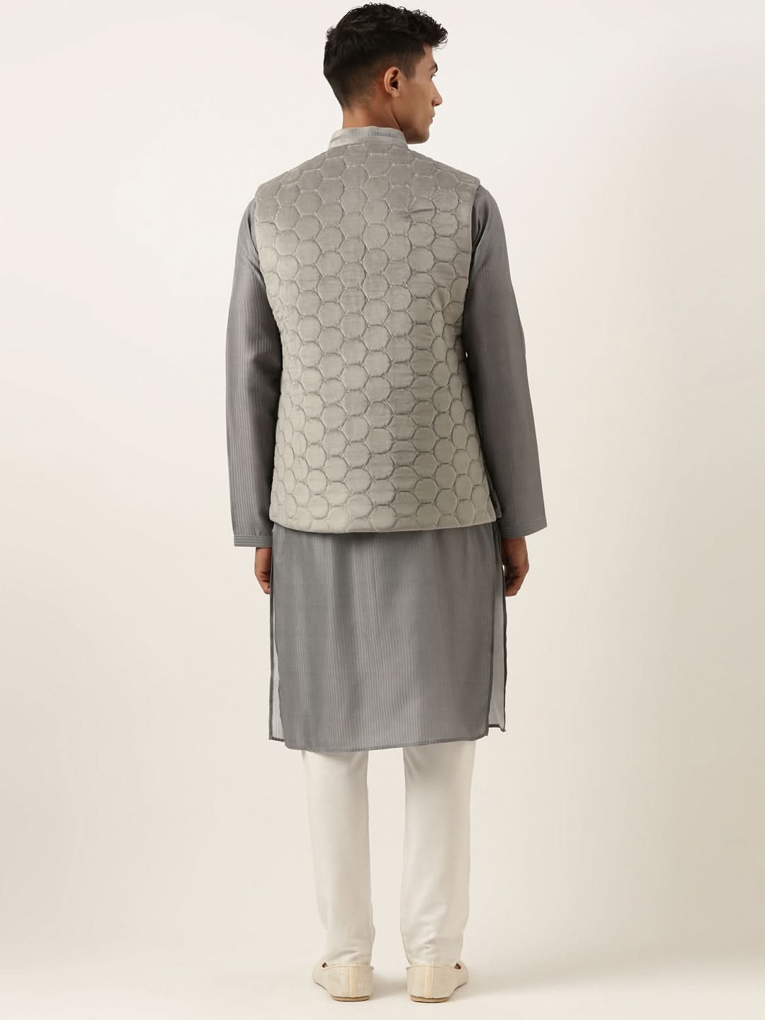 Grey Velvet Quilted Jacket Kurta Set