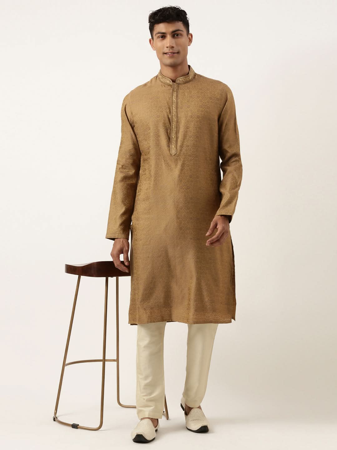 Mustard Brown Jacquard Embroidered Kurta Set
