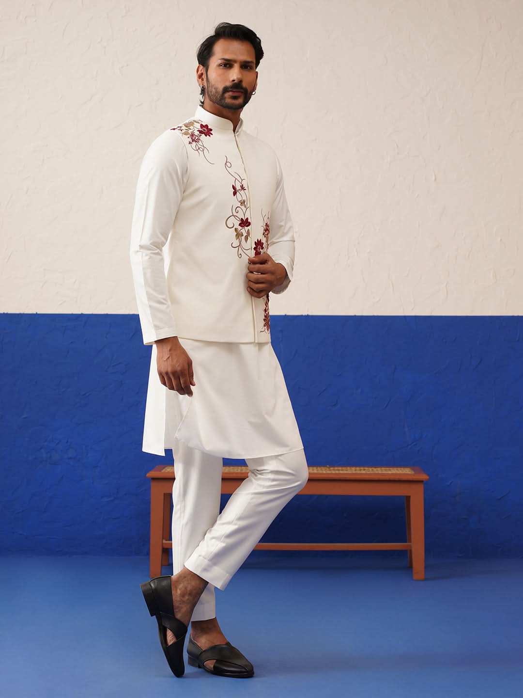 Tanzeel Khan in White Cotton Embroidered Jacket Kurta Set