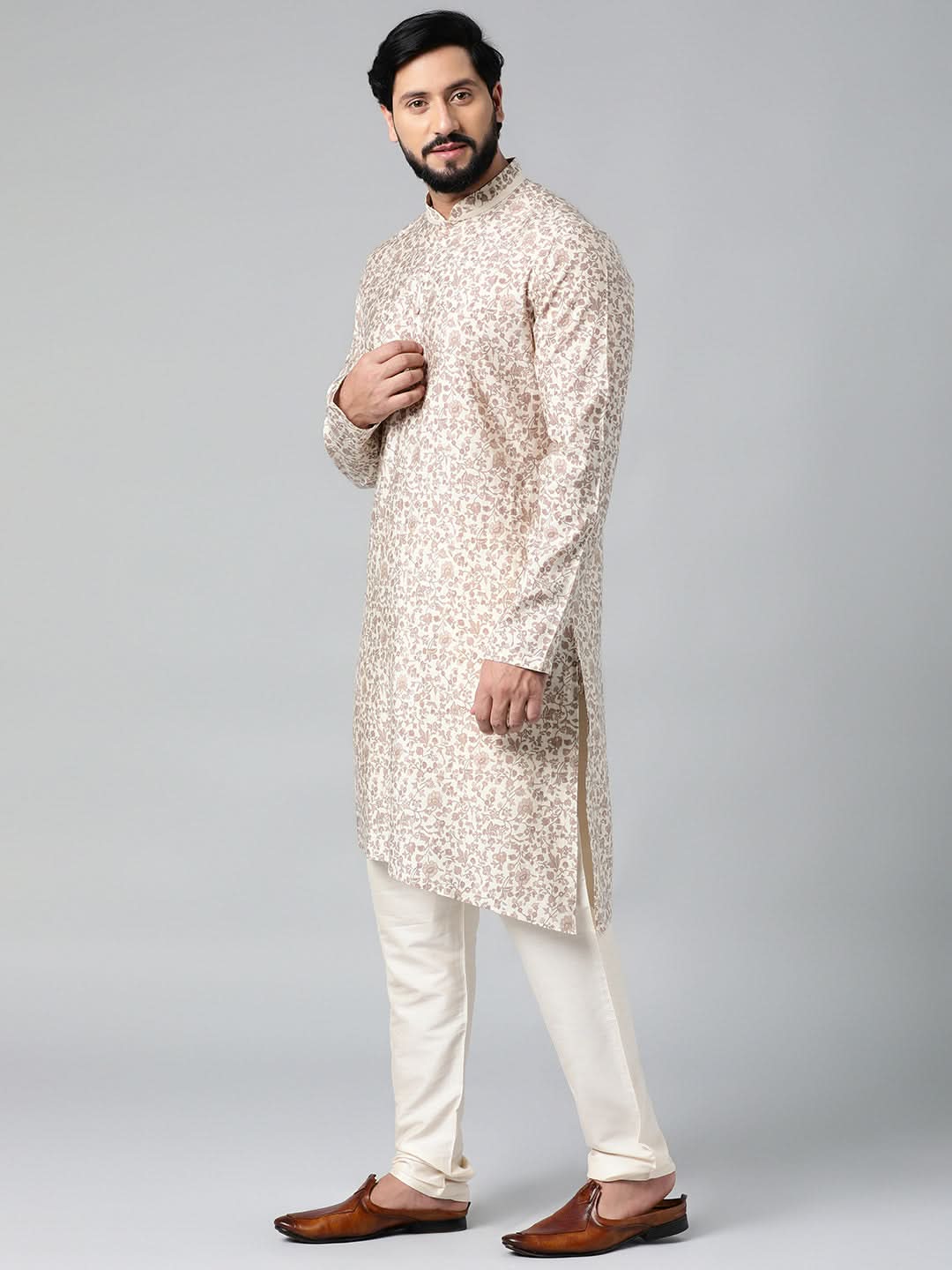 Cream block printed kurta set