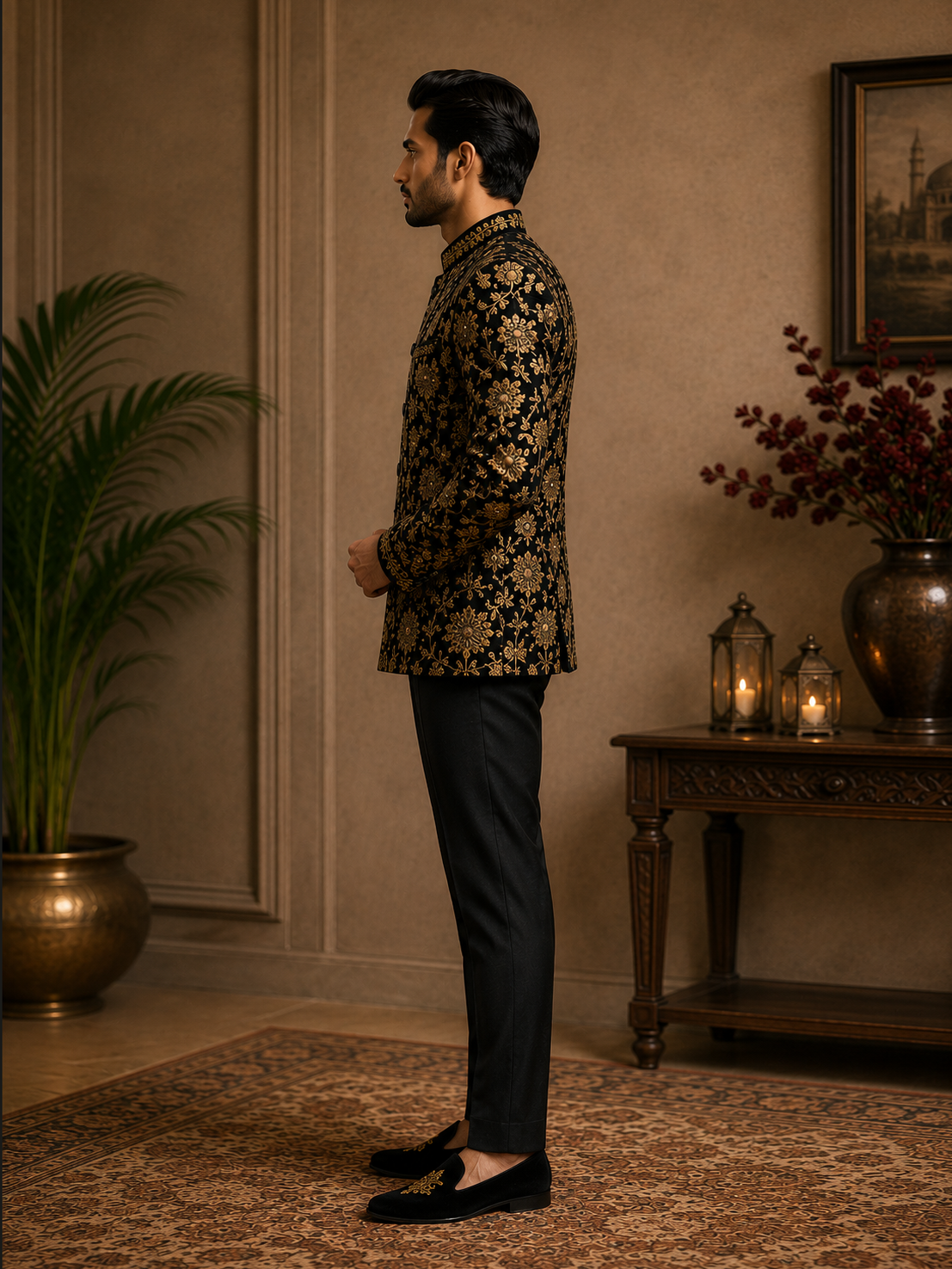 Navy BlueVelvet Gold Floral Embroidered Bandhgala