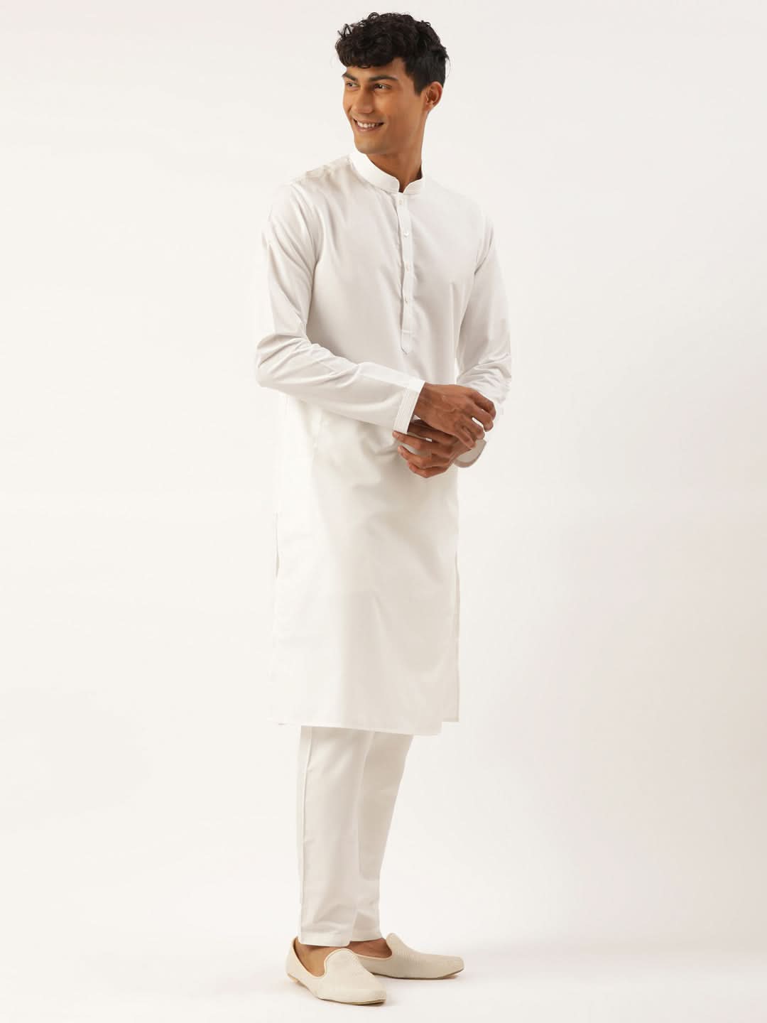 Teal Blue Cotton Jacket With White Kurta