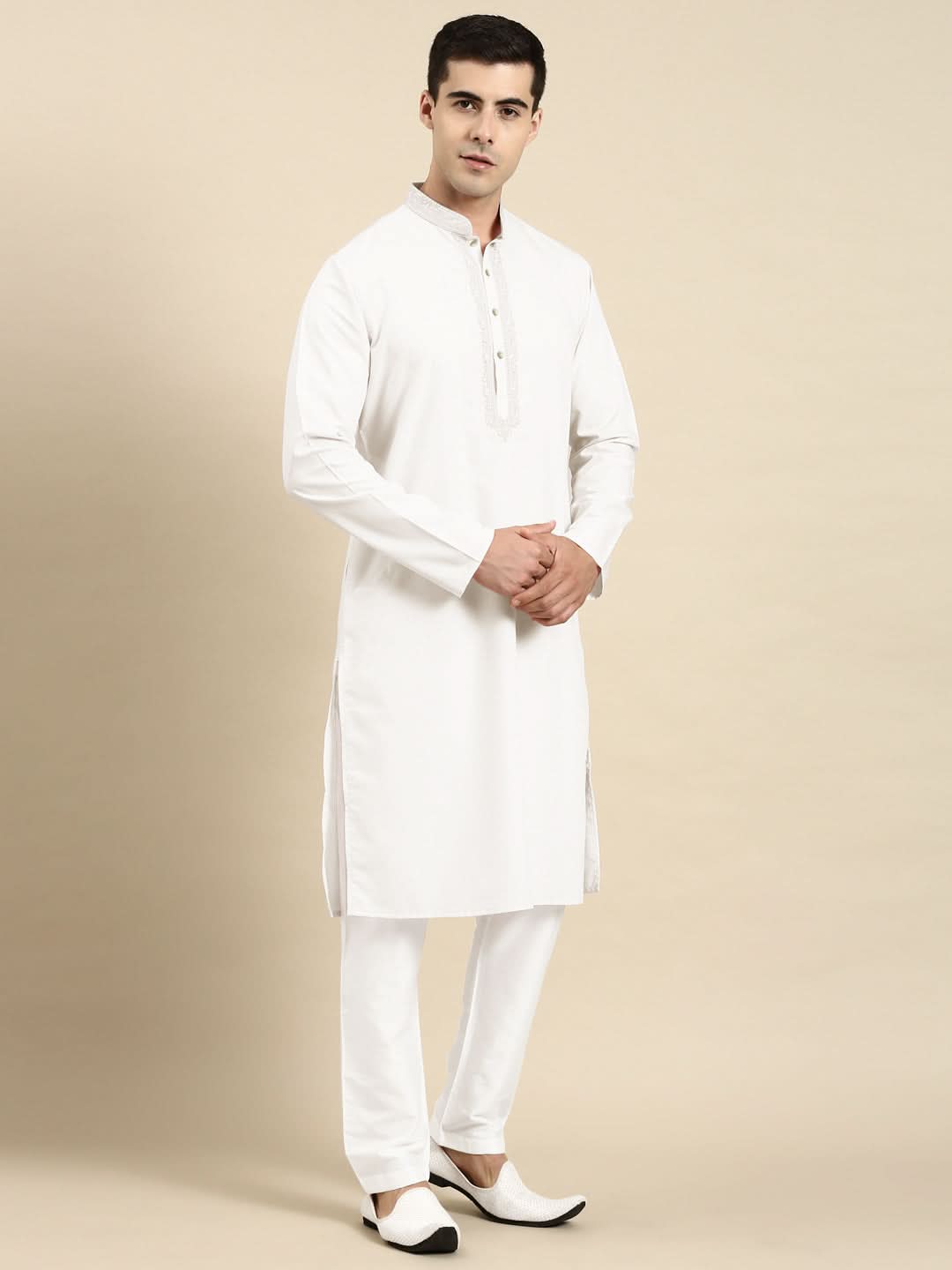 Off White Cotton Dori Embroidered Kurta Set