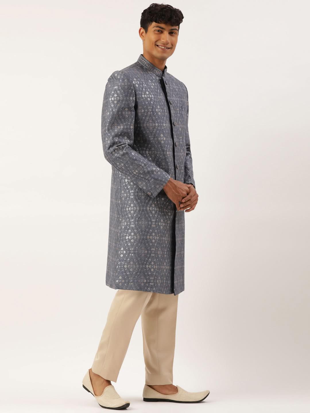 Grey silk Embroidered  Indowestern