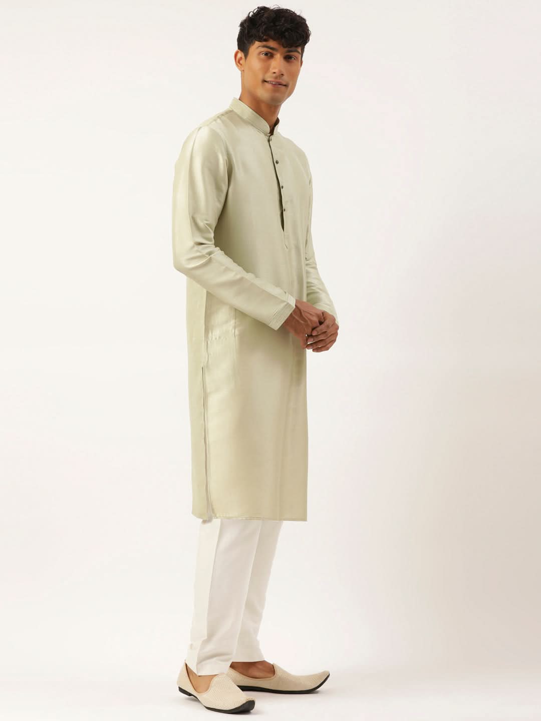 Beige Printed Cotton Jacket Kurta Set