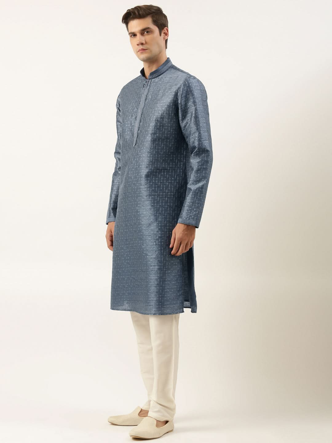 Grey Embroidered  Silk Kurta Set
