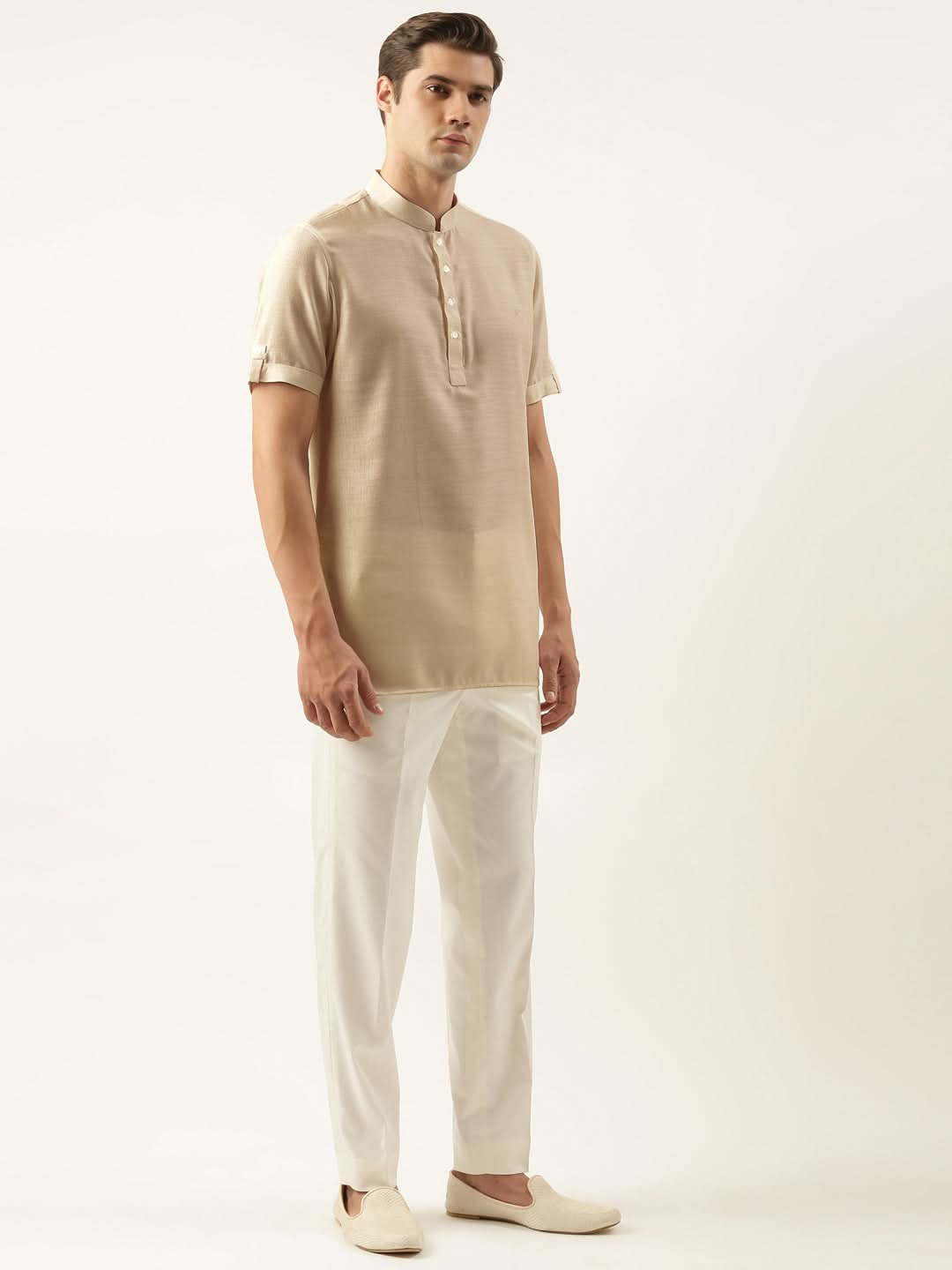 Beige Yellow Cotton Short Kurta Set
