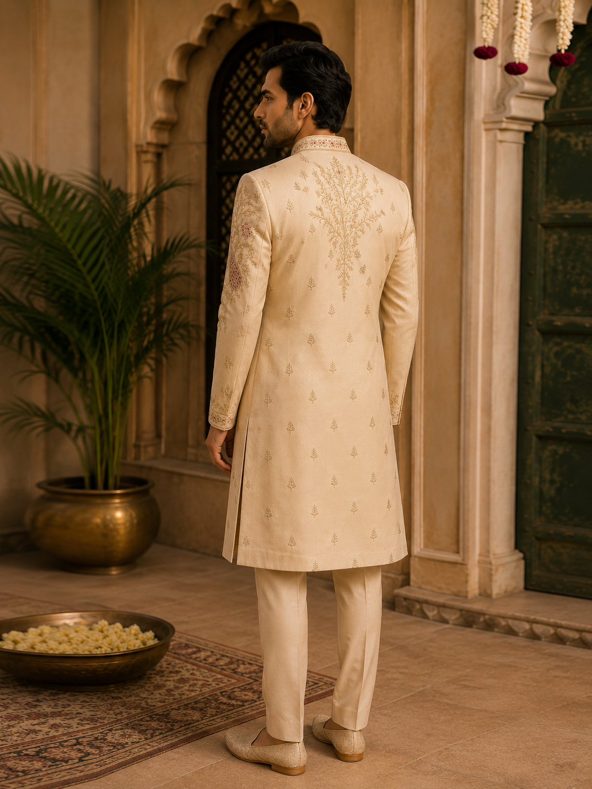 Beige Peacock Floral Embroidered Sherwani Set