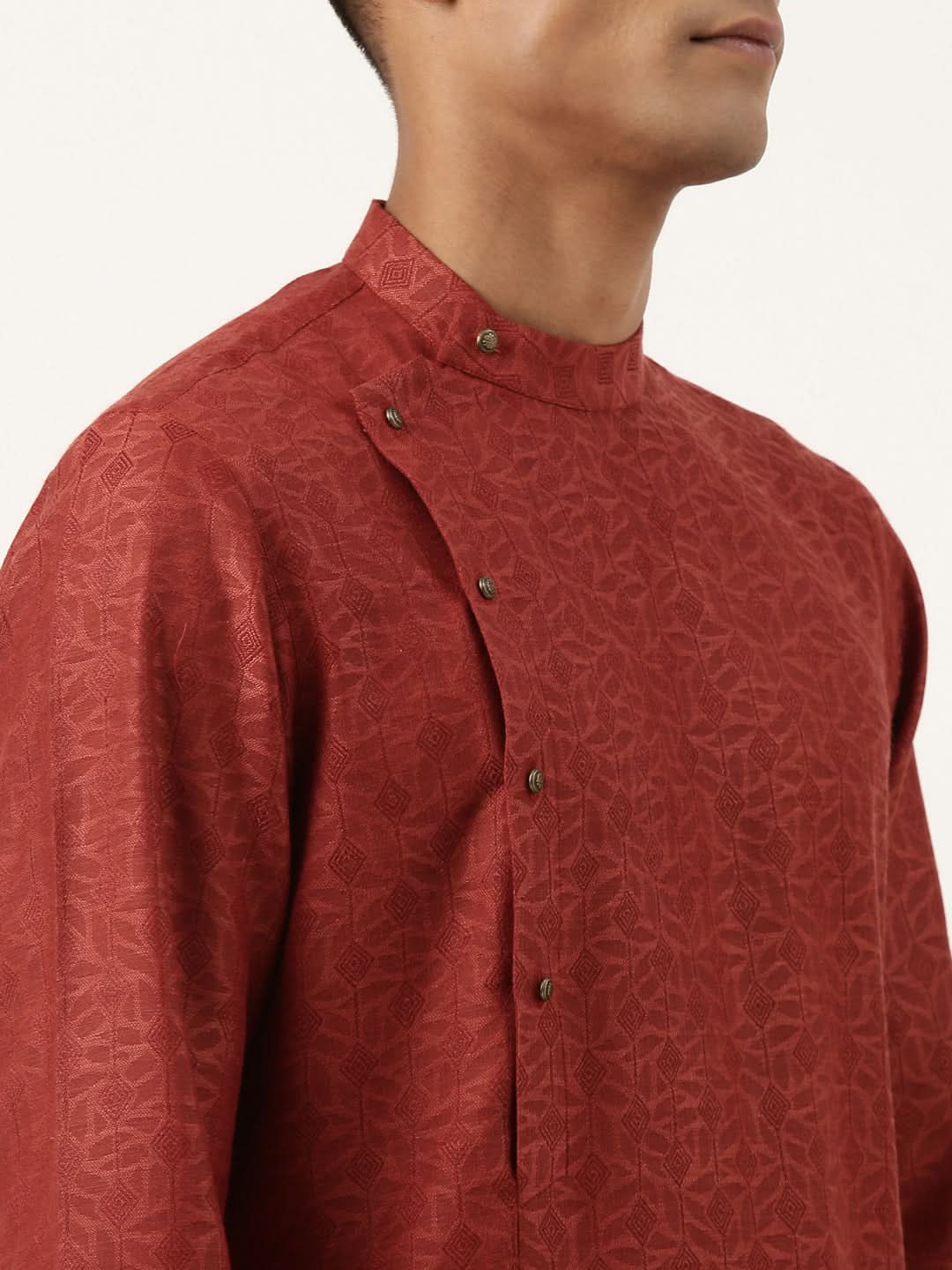 Rust Cotton Jacquard Angrakha kurta Set