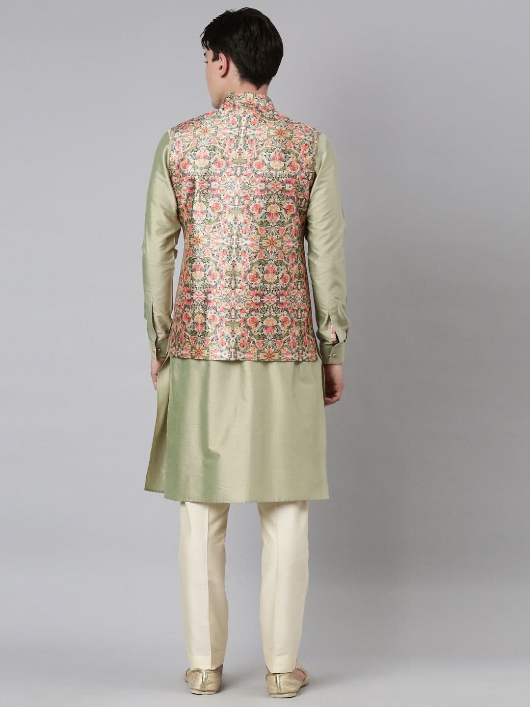 Beige Floral Print Jacket With  Open Kurta