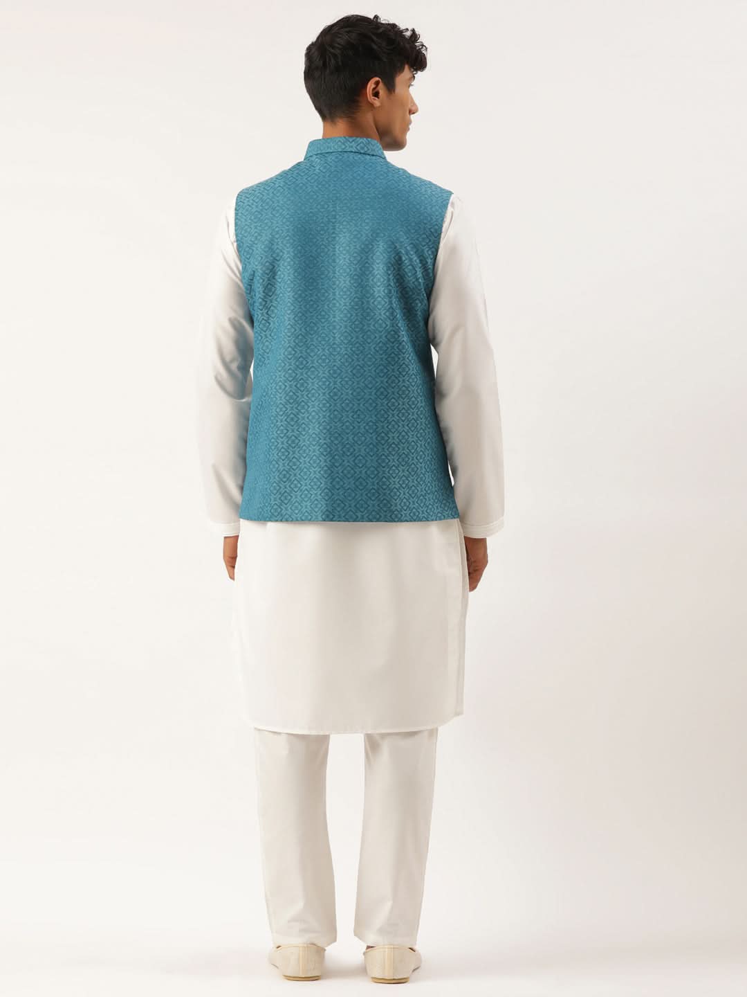 Teal Blue Cotton Jacket With White Kurta