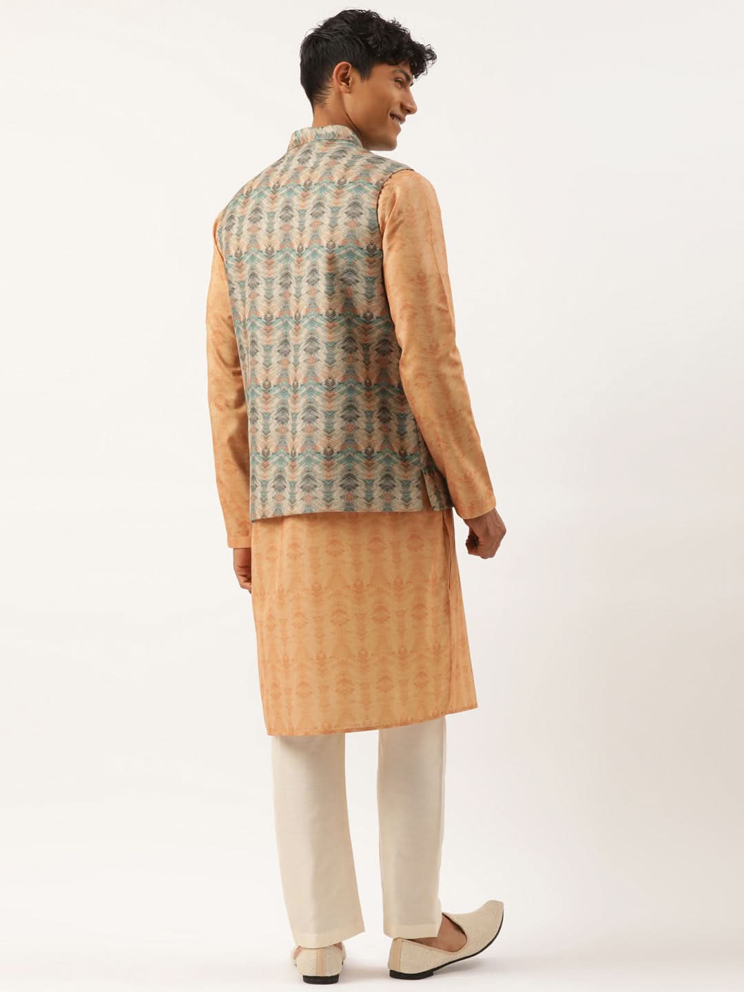 Beige Pleated Bundi With Kurta Set