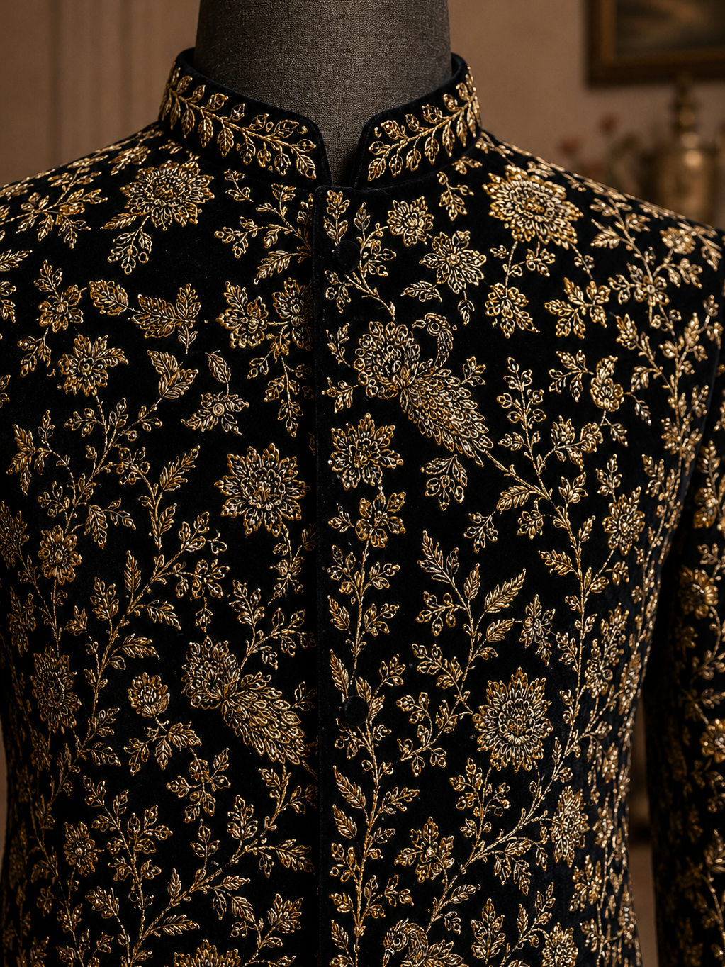 Navy BlueVelvet Gold Floral Embroidered Bandhgala