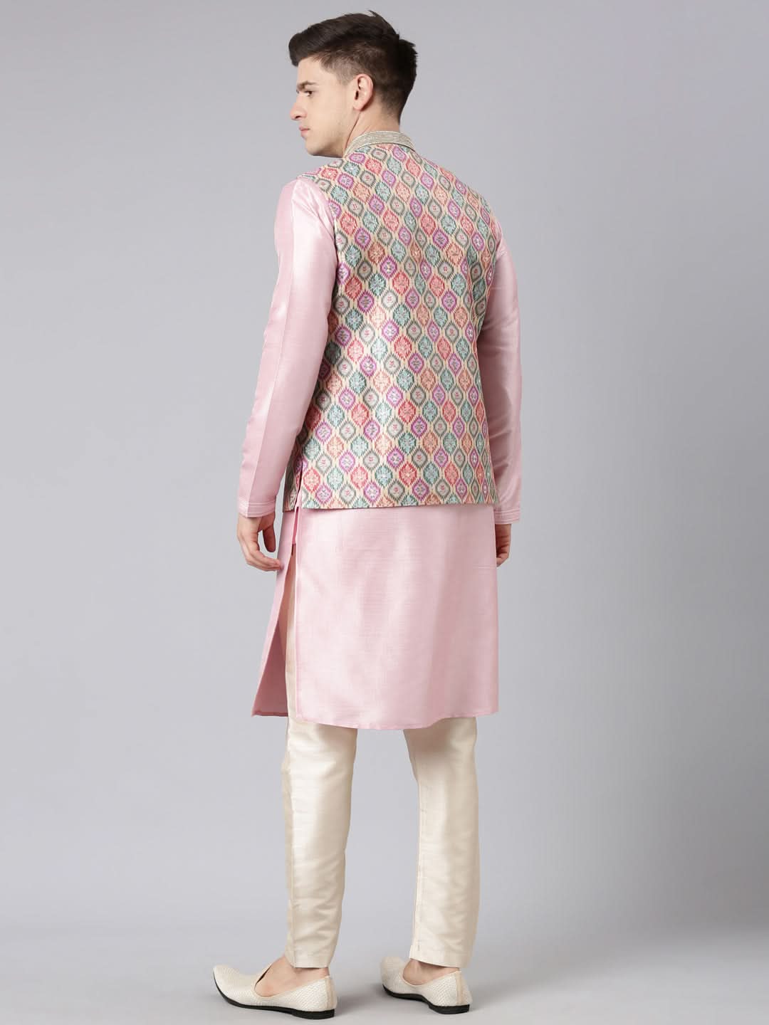 Beige Ikat Print Jacket With Pink Kurta