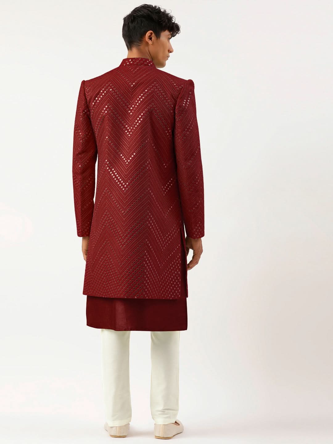 Maroon Mirror Embroidered  Indowestern With Kutra