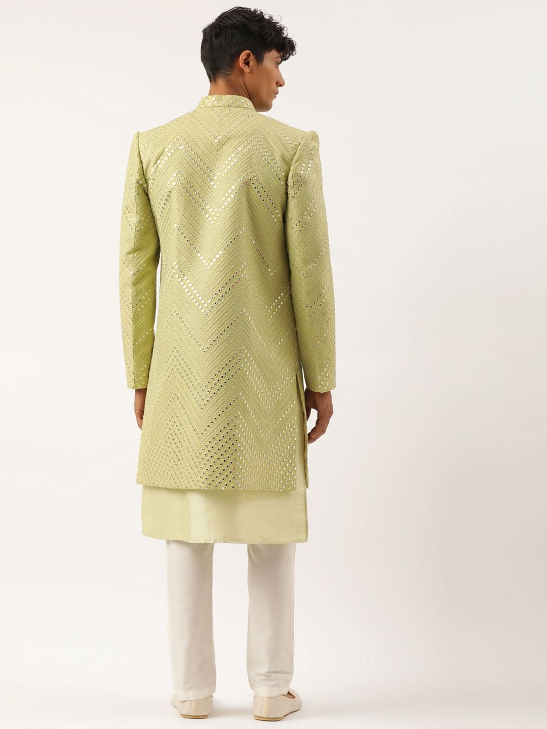 Pistachio  Mirror Embroidered  Indowestern With Kutra