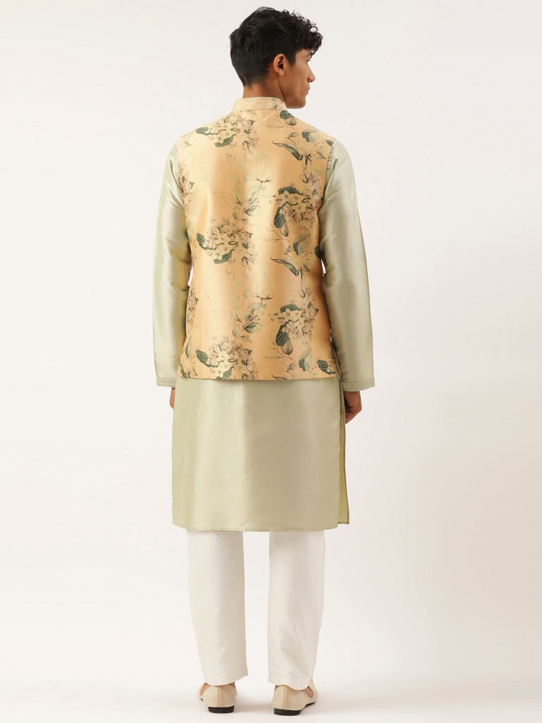 Beige Printed Cotton Jacket Kurta Set