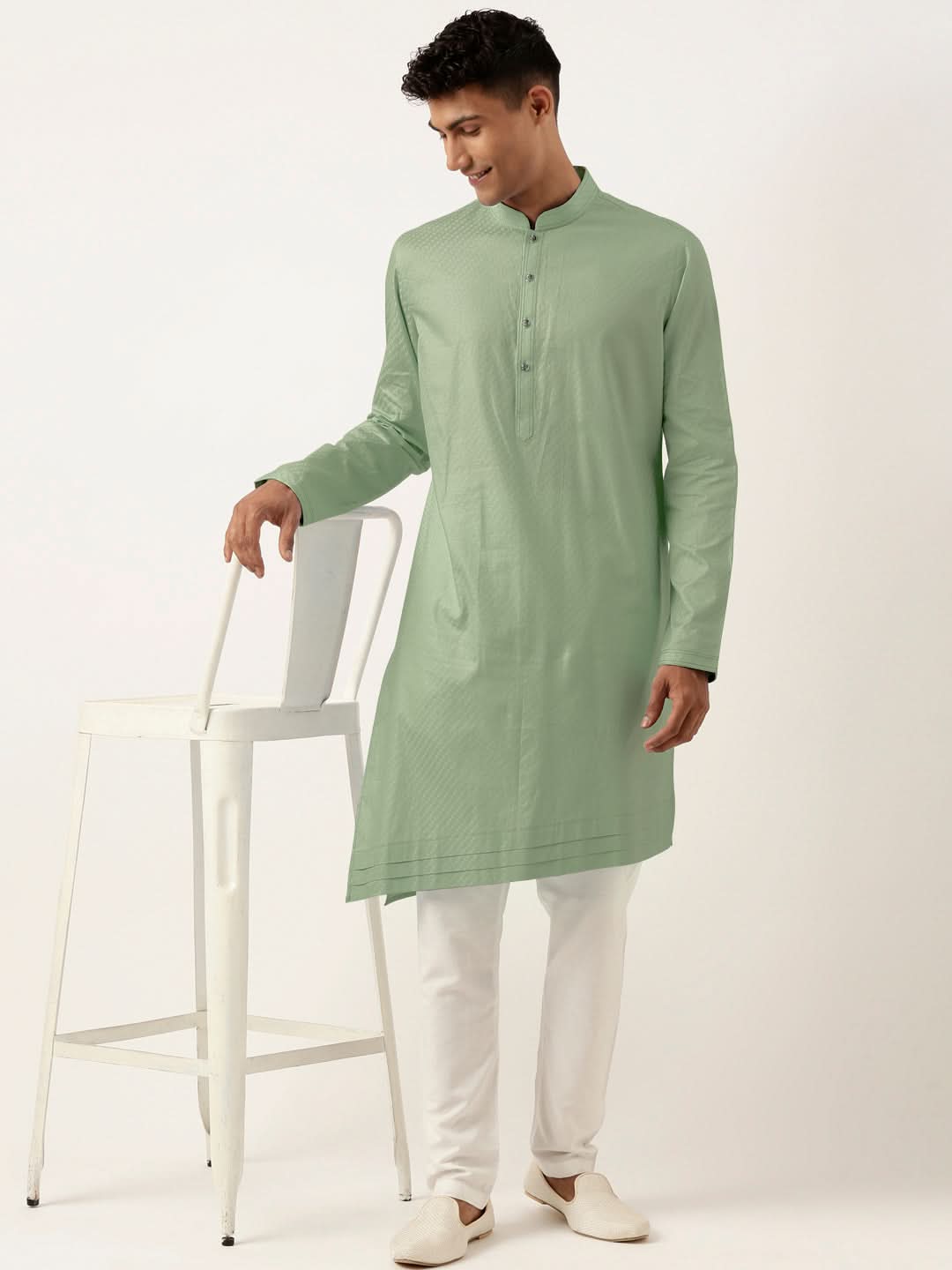 Light Green Asymmetrical  Cotton Kurta Set